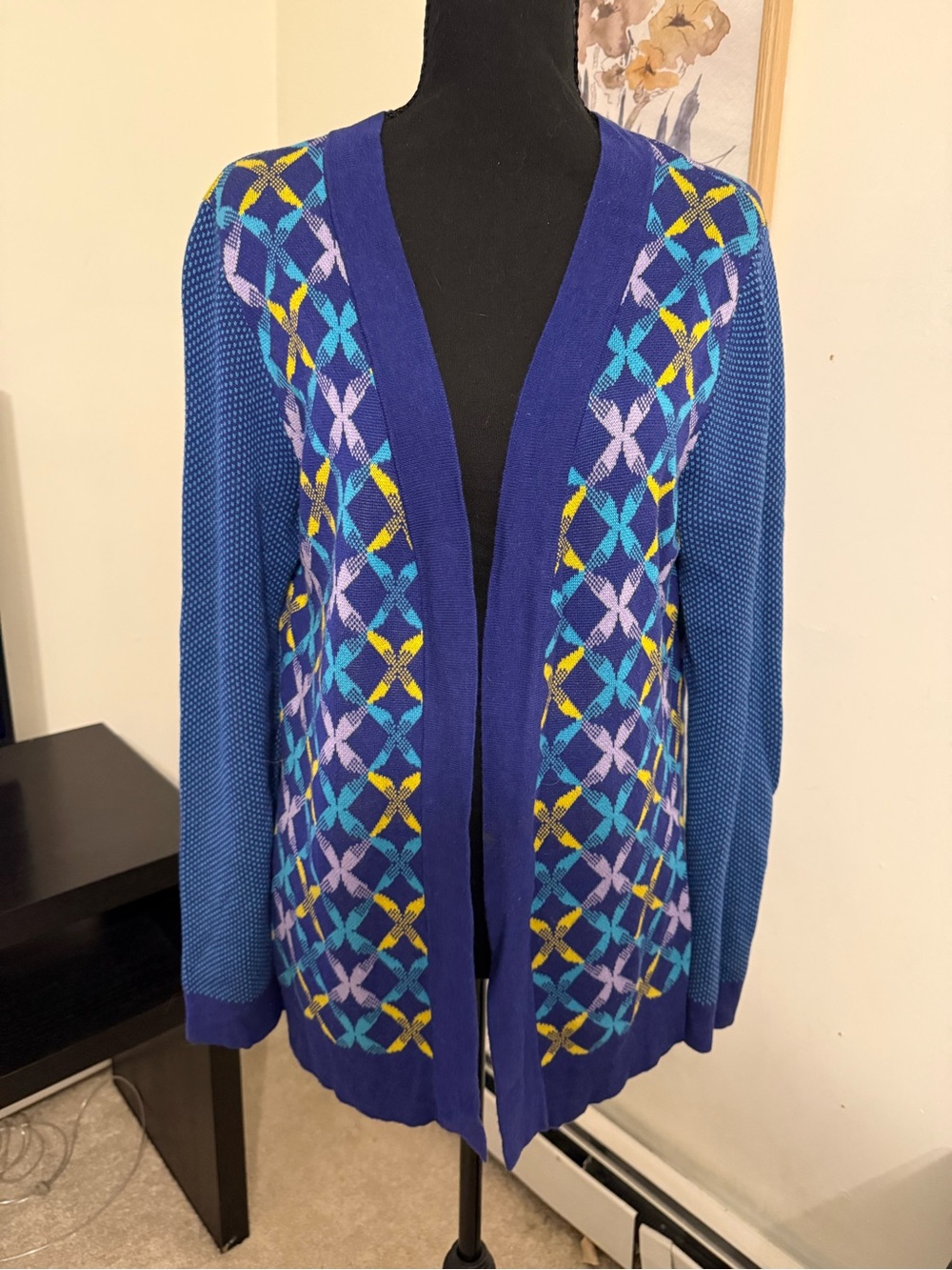 Coldwater Creek Blue Geometric Open-Front Cardigan